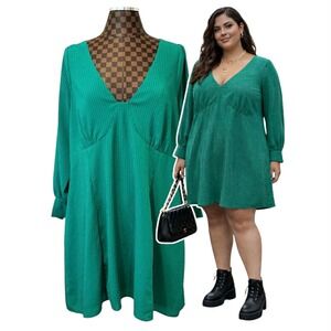 Arula Green Babydoll Dress Long Sleeve Size 1X 14/16 Plus Boho Gingham Coquette